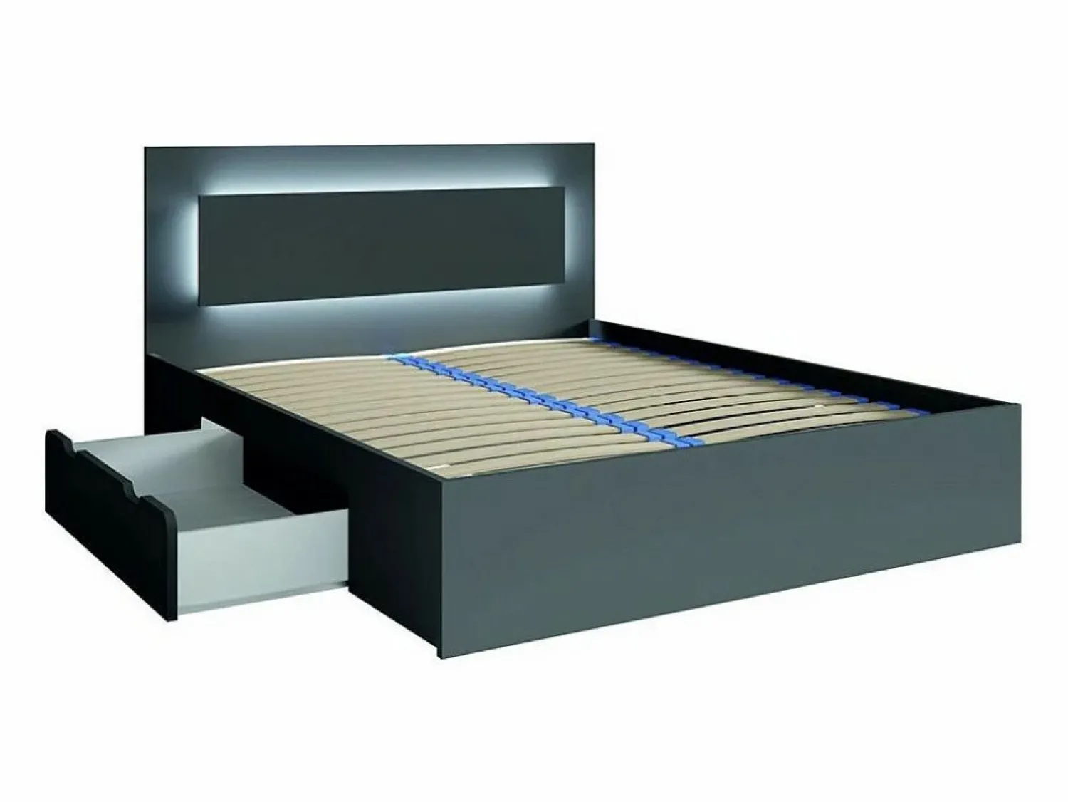 Outlet Meublorama Juego de dormitorio NOFI - Cama de 180x200 cm con somier, 2 cajones, mesitas de noche, armario y cómoda - gris grafito Gris antracita