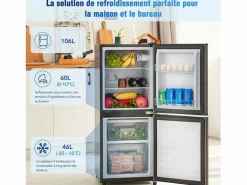 New DripeX 106L Silver+Negro Negra, con partición de vidrio y pies ajustables, 7 temperatura, -25 ~ 10 ℃, clase de eficiencia energética Plateado
