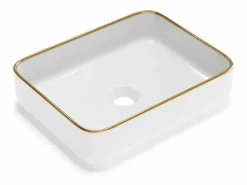 Hot Shower & Design Lavabo rectangular de cerámica - Blanco con borde dorado - 50 x 39 cm - JUNIKO II Blanco / Dorado