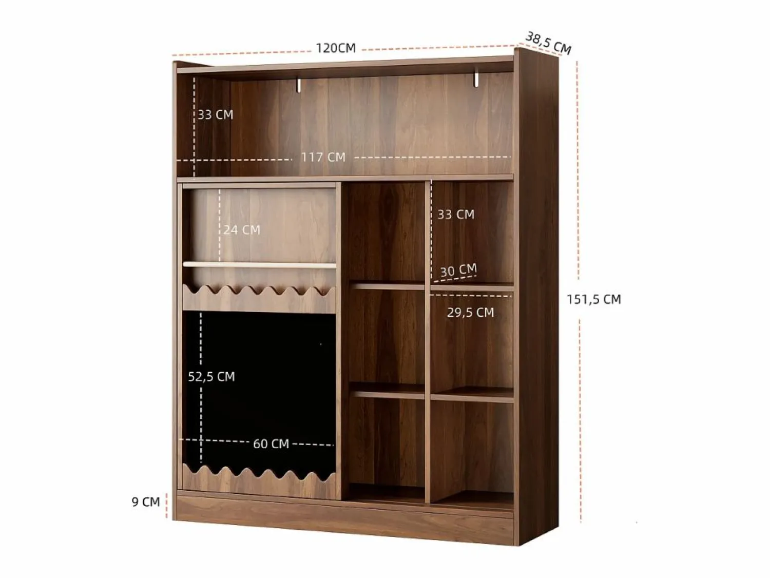 New Librería color nogal con puerta corredera, pizarra y 9 estantes abiertos, MDF Librería