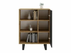 Librería Color Roble artesanal/negro 90x116x40 cm – Estilo Escandinavo con 3 Estantes, 1 Puerta y Patas Metálicas
