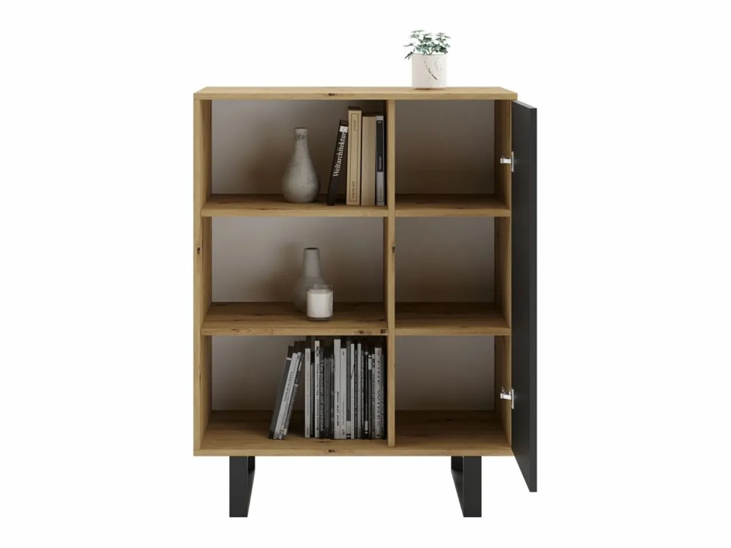Librería Color Roble artesanal/negro 90x116x40 cm – Estilo Escandinavo con 3 Estantes, 1 Puerta y Patas Metálicas