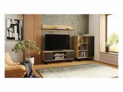 Librería Color Roble artesanal/negro 90x116x40 cm – Estilo Escandinavo con 3 Estantes, 1 Puerta y Patas Metálicas