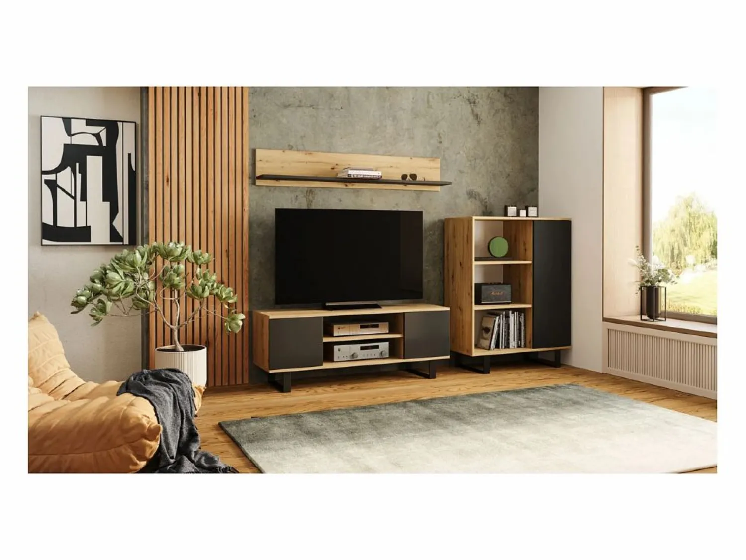 Librería Color Roble artesanal/negro 90x116x40 cm – Estilo Escandinavo con 3 Estantes, 1 Puerta y Patas Metálicas