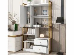 Sale Merax Librería de 6 estantes con una puerta y 2 cajones - 100 x 30 x 173,5 - Tablero de partículas y metal - dorado + Blanco
