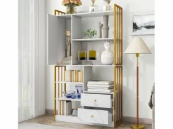 Sale Merax Librería de 6 estantes con una puerta y 2 cajones - 100 x 30 x 173,5 - Tablero de partículas y metal - dorado + Blanco
