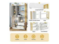 Sale Merax Librería de 6 estantes con una puerta y 2 cajones - 100 x 30 x 173,5 - Tablero de partículas y metal - dorado + Blanco