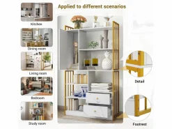 Sale Merax Librería de 6 estantes con una puerta y 2 cajones - 100 x 30 x 173,5 - Tablero de partículas y metal - dorado + Blanco