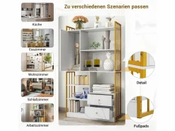 Sale Merax Librería de 6 estantes con una puerta y 2 cajones - 100 x 30 x 173,5 - Tablero de partículas y metal - dorado + Blanco