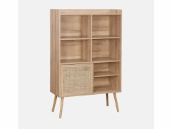 Sweeek Librería de 5 estantes, puertas correderas, efecto madera y caña
