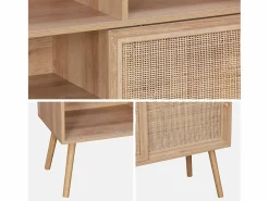 Sweeek Librería de 5 estantes, puertas correderas, efecto madera y caña