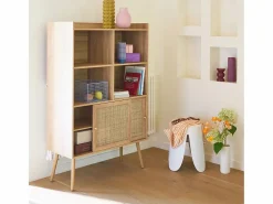 Sweeek Librería de 5 estantes, puertas correderas, efecto madera y caña