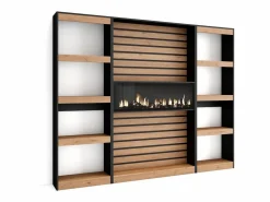Skraut Home Librería estantería, 230x25x186cm, Salón - Comedor - Oficina, Chimenea eléctrica, Roble y negro