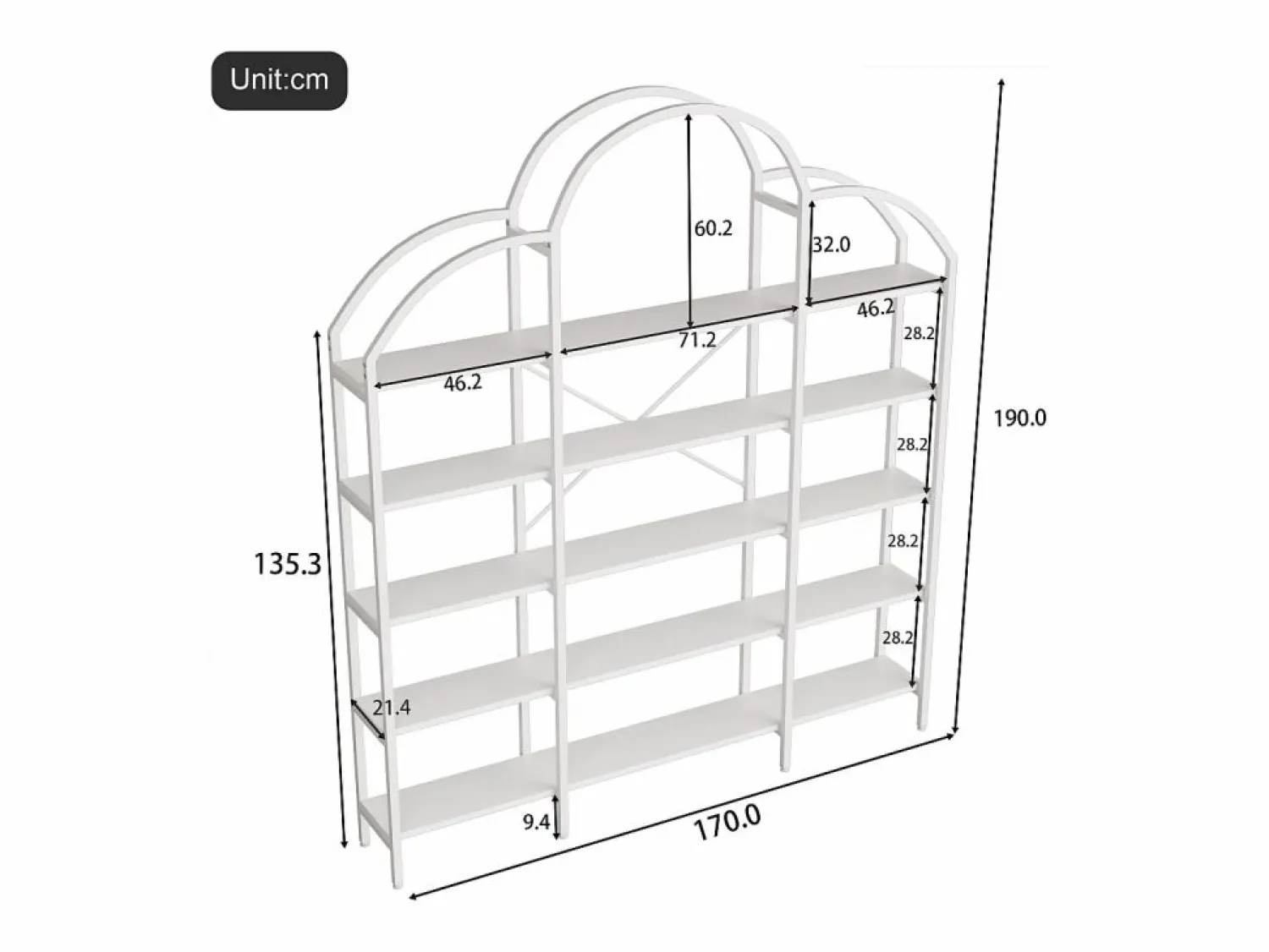 Discount ModernLuxe Librería moderna de metal 170×26×190 cm - forma de nube - 5 niveles de almacenamiento - Blanco