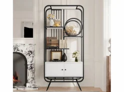 ModernLuxe Librería moderna de metal 80×30×180 cm - mueble con 2 puertas - 3 estantes - decoración circular - blanco +