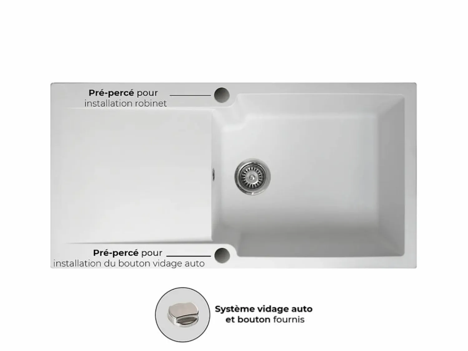 Clearance Essebagno Lisse fregadero reversible 1 cubeta grande 1 escurridor en resina blanca Blanco