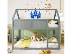 Discount Lit superposé 90x200cm, lit cabane enfant avec escalier et 1x sommier à lattes en haut, cadre en bois massif, bois Gris
