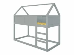 Discount Lit superposé 90x200cm, lit cabane enfant avec escalier et 1x sommier à lattes en haut, cadre en bois massif, bois Gris