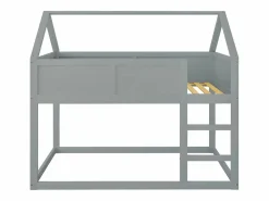 Discount Lit superposé 90x200cm, lit cabane enfant avec escalier et 1x sommier à lattes en haut, cadre en bois massif, bois Gris