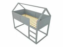 Discount Lit superposé 90x200cm, lit cabane enfant avec escalier et 1x sommier à lattes en haut, cadre en bois massif, bois Gris