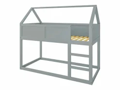 Discount Lit superposé 90x200cm, lit cabane enfant avec escalier et 1x sommier à lattes en haut, cadre en bois massif, bois Gris