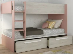 Vente-unique Litera 2 x 90 x 200 cm 2 cajones rosa, natural y blanco + colchón - TINOLI