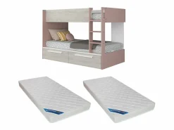 Vente-unique Litera 2 x 90 x 200 cm 2 cajones rosa, natural y blanco + colchón - TINOLI