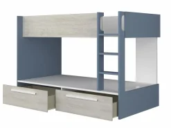 Vente-unique Litera 2 x 90 x 200 cm 2 cajones azul, blanco y natural + colchón - TINOLI Azul / Color natural claro