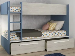 Vente-unique Litera 2 x 90 x 200 cm 2 cajones azul, blanco y natural + colchón - TINOLI Azul / Color natural claro