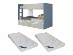 Vente-unique Litera 2 x 90 x 200 cm 2 cajones azul, blanco y natural + colchón - TINOLI Azul / Color natural claro