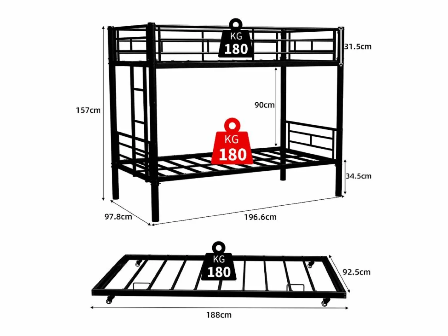 Online Litera 2 x 90 x 190 cm - Cama infantil con escalera y barandillas - con cama nido de 90 x 190 cm - metal - sin colchón Negro