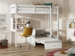 Vente-unique Litera alta 90 x 200 cm escritorio, sofá y almacenamiento de pino y MDF + colchón - GOLIATH