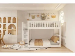 Best Litera baja 140x200 cm con almacenaje, barrera de seguridad alta, madera blanca (247x145x135,5cm) Cama Litera