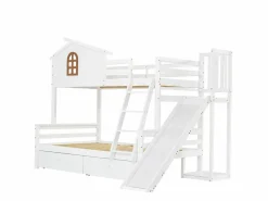 New ModernLuxe Litera cabina con tobogán + cajones - estructura de pino - 90x200cm + 120x200cm - Blanco