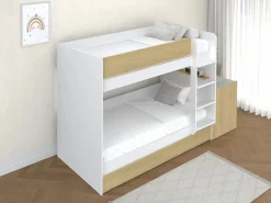 Clearance Litera con cama nido 3 x 90 x 190 cm 2 escritorios blanco y natural - DOMATI Cama Litera