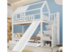 Litera con escalera y tobogán, casita con ventana, estructura de pino y MDF, color (254x213,5x223 cm)
