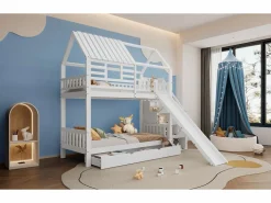 Litera con escalera y tobogán, casita con ventana, estructura de pino y MDF, color (254x213,5x223 cm)