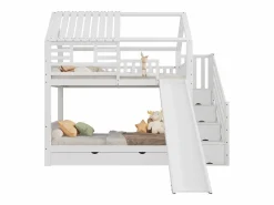 Litera con escalera y tobogán, casita con ventana, estructura de pino y MDF, color (254x213,5x223 cm)
