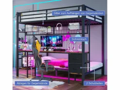 New Litera con escritorio, cajones y estantes, estructura de metal, LED de 7 colores, USB, color blanco (204 x 145 x 180 cm) Negro