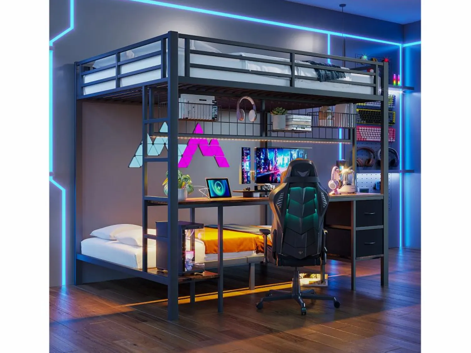 New Litera con escritorio, cajones y estantes, estructura de metal, LED de 7 colores, USB, color blanco (204 x 145 x 180 cm) Negro