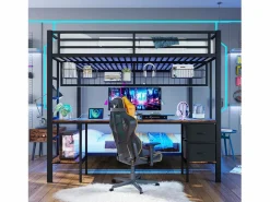 New Litera con escritorio, cajones y estantes, estructura de metal, LED de 7 colores, USB, color blanco (204 x 145 x 180 cm) Negro