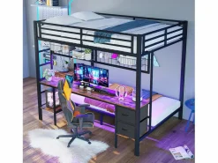 New Litera con escritorio, cajones y estantes, estructura de metal, LED de 7 colores, USB, color blanco (204 x 145 x 180 cm) Negro