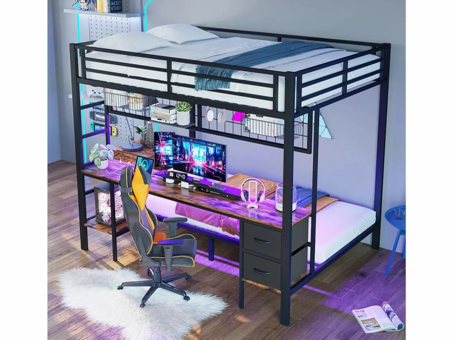 New Litera con escritorio, cajones y estantes, estructura de metal, LED de 7 colores, USB, color blanco (204 x 145 x 180 cm) Negro