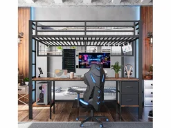 New Litera con escritorio, cajones y estantes, estructura de metal, LED de 7 colores, USB, color blanco (204 x 145 x 180 cm) Negro