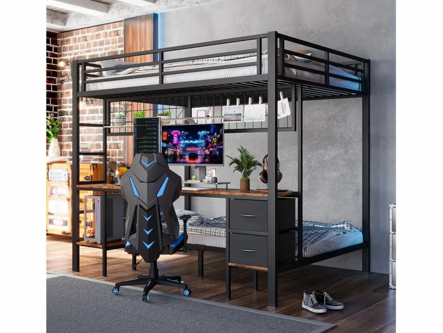 New Litera con escritorio, cajones y estantes, estructura de metal, LED de 7 colores, USB, color blanco (204 x 145 x 180 cm) Negro