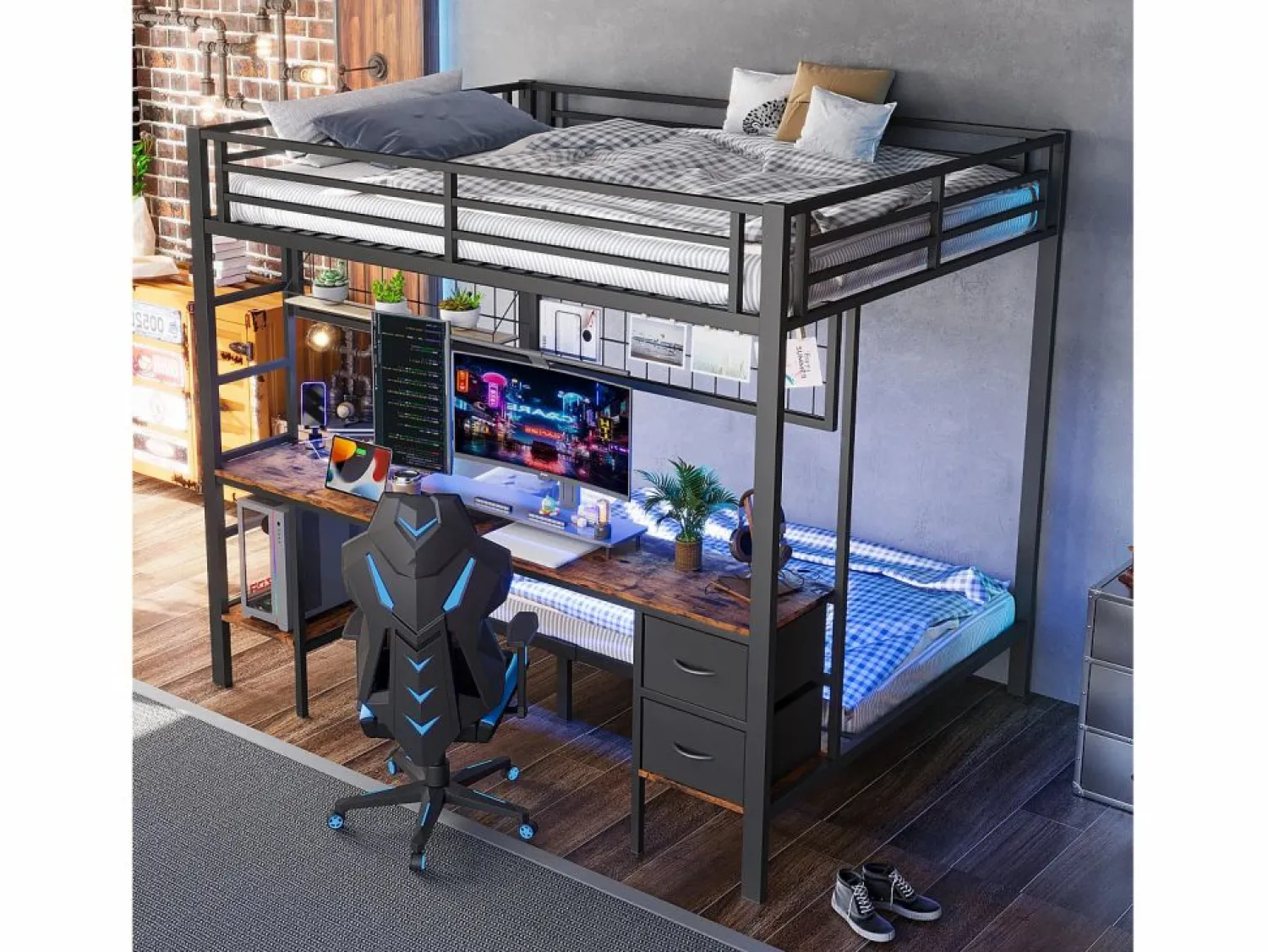 New Litera con escritorio, cajones y estantes, estructura de metal, LED de 7 colores, USB, color blanco (204 x 145 x 180 cm) Negro