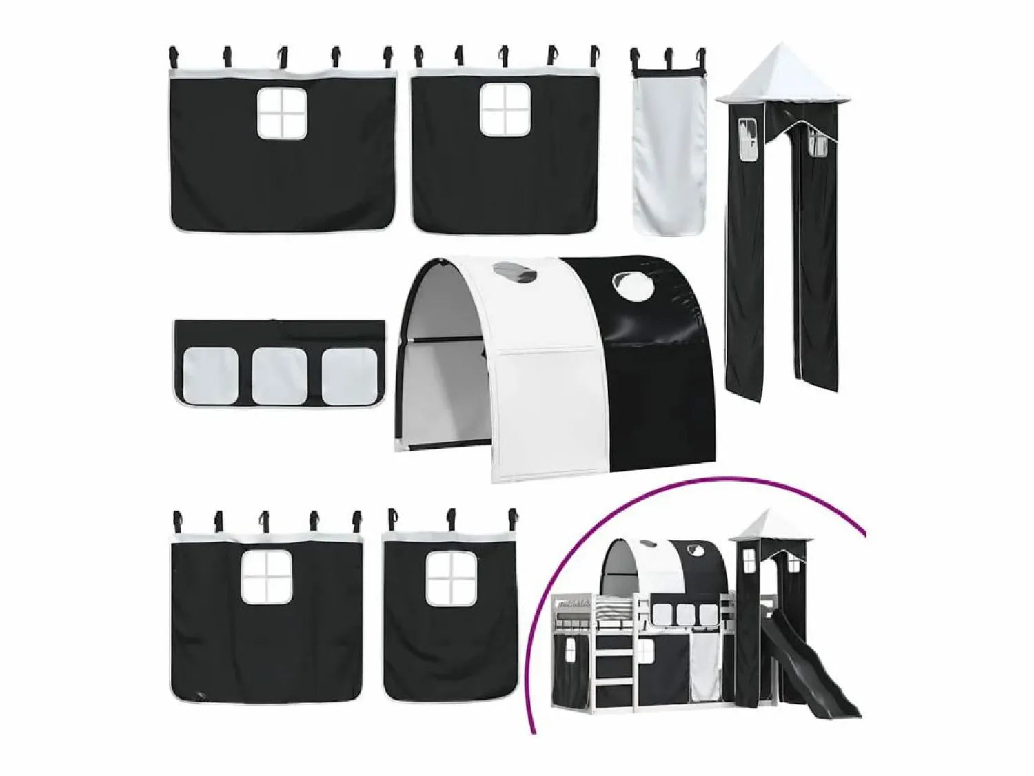 Sale vidaxl Litera con tobogán y cortinas blanco y 90x200 cm Negro