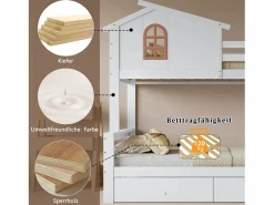 New Litera con ventanas decorativas, escalera inclinada de 4 peldaños y tobogán, estructura de madera maciza, con cajones, color (247 x 163,5 x 189 cm) Cama Litera