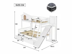 New Litera con ventanas decorativas, escalera inclinada de 4 peldaños y tobogán, estructura de madera maciza, con cajones, color (247 x 163,5 x 189 cm) Cama Litera