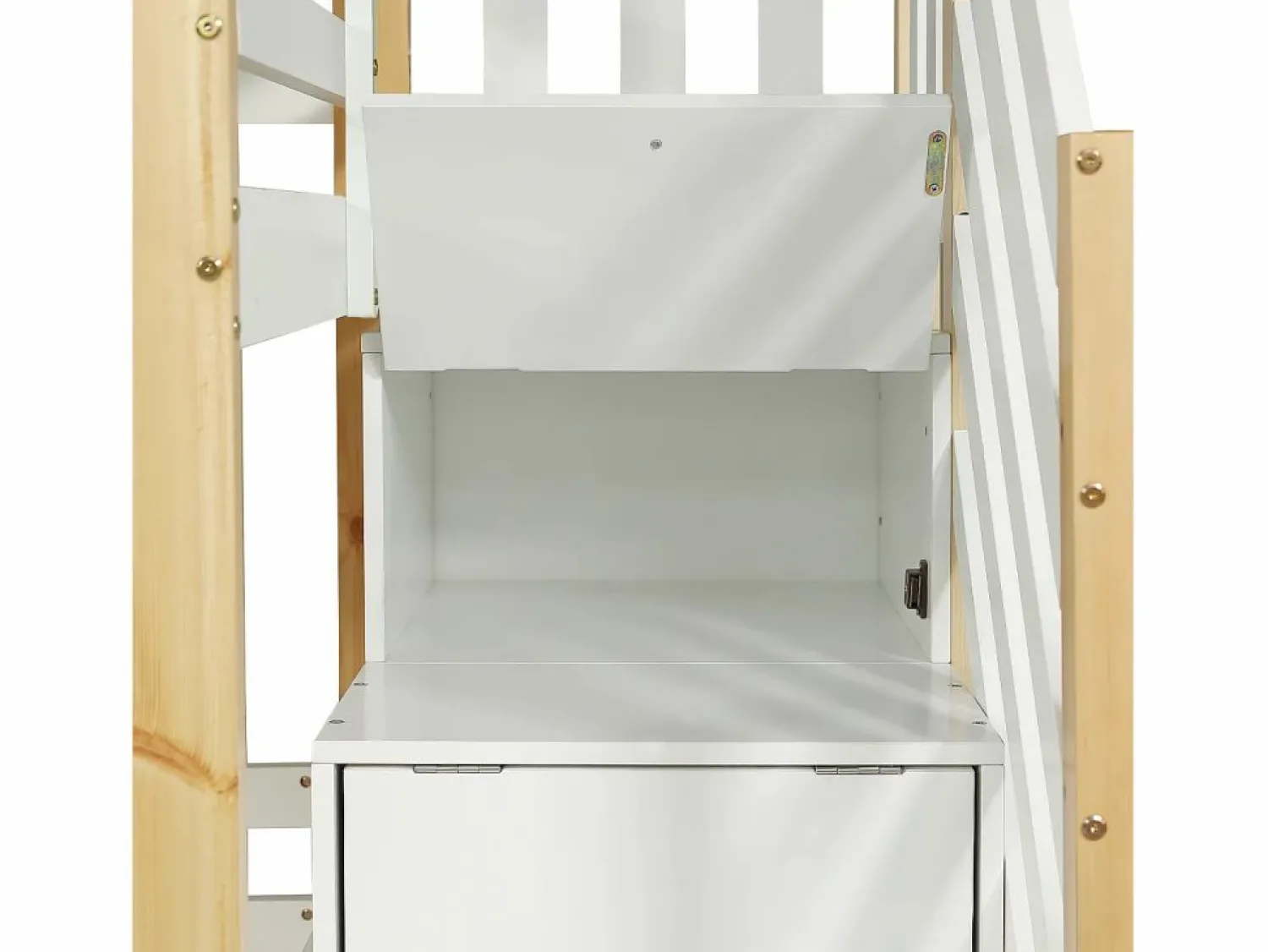 ModernLuxe Litera de madera de pino y MDF - con escalera de almacenaje - 90x200 cm - Blanco y Natural Color natural claro / Blanco